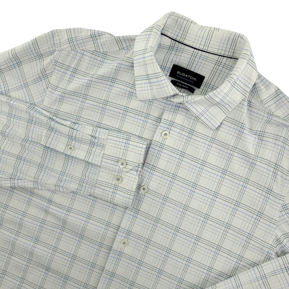 BUGATCHI Dress Shirt Mens Large White Check Regular Fit OoohCotton Tech Stretch